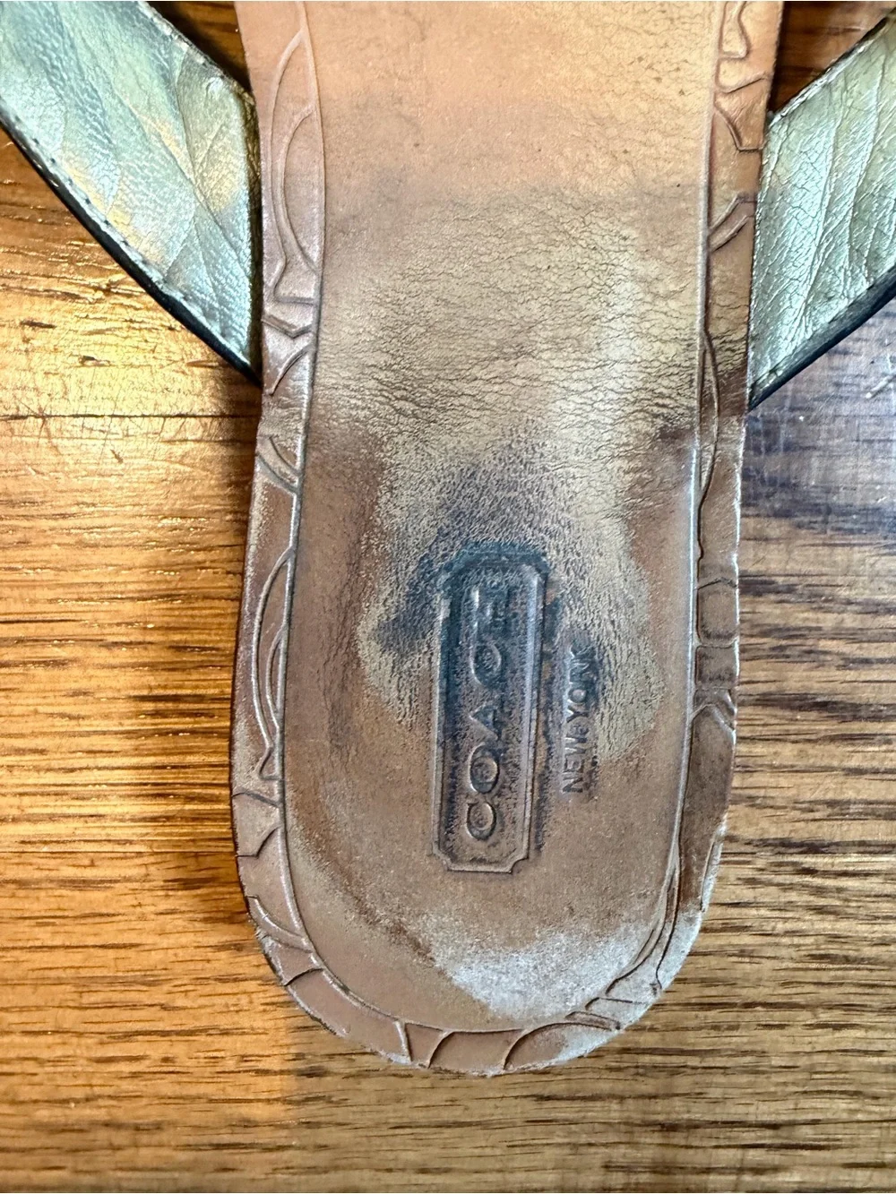 COACH Brown Leather Signature-Embossed Thong Sandals with Black Straps